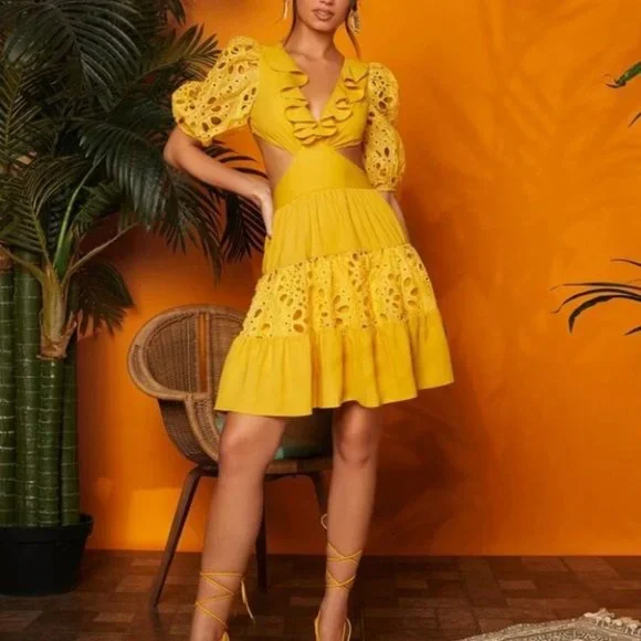 Boho Cut Out Embroidery Eyelet Ruffle Trim Tie Back Dress - Picture 5 of 7